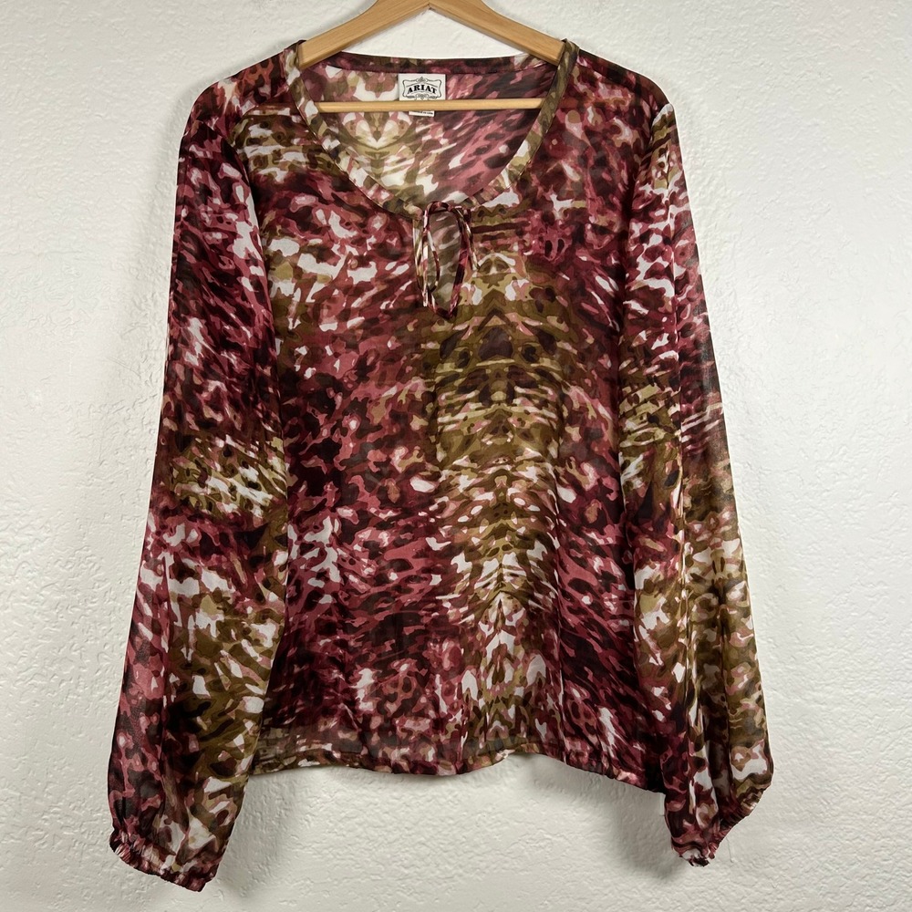 Ariat Blouse Red Multi Abstract Print Sheer Keyhole Tie Top Size XL